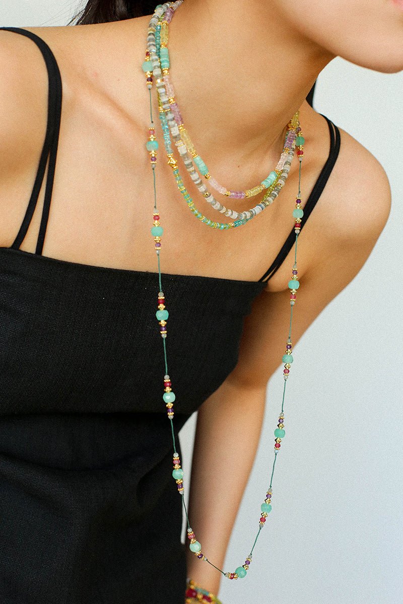 Green Strawberry Quartz Beaded Wax Cord Necklace-Gembea Jewelry