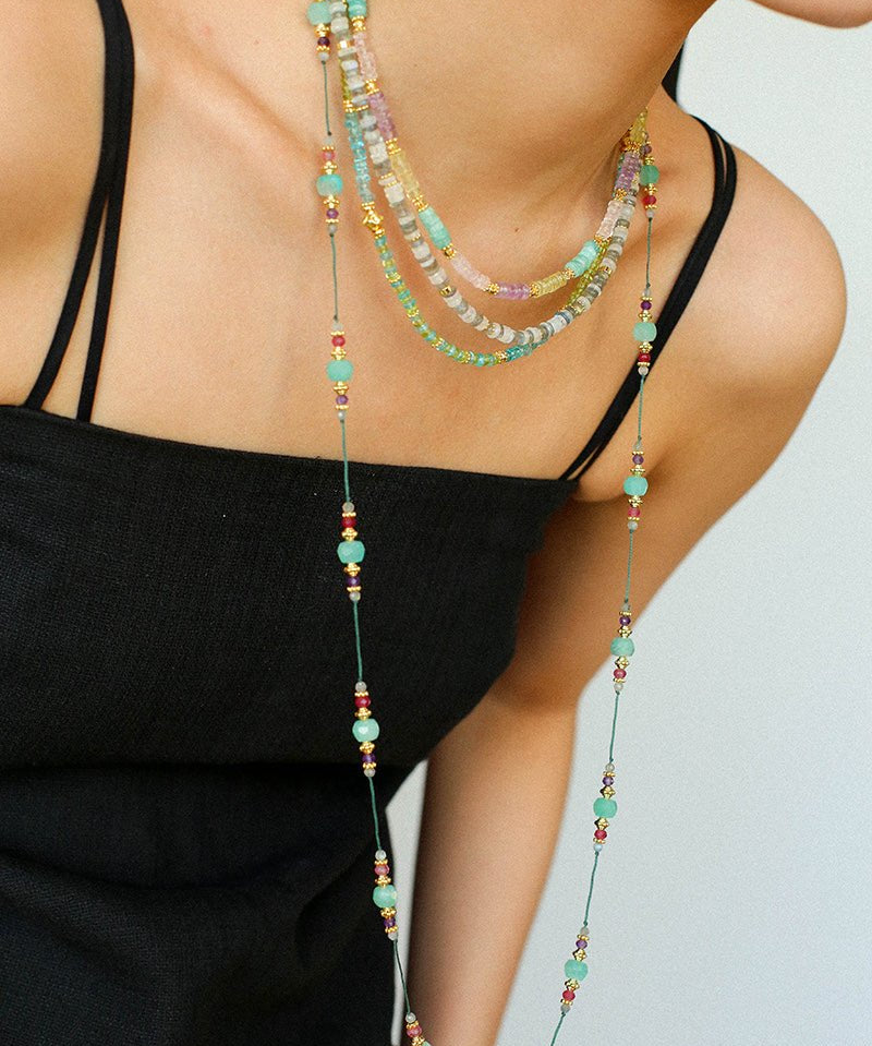Green Strawberry Quartz Beaded Wax Cord Necklace-Gembea Jewelry