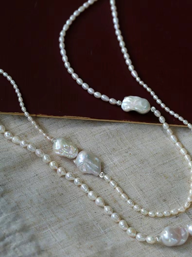 Vintage Elegant Natural Baroque Pearl Long Necklace gembea jewelry