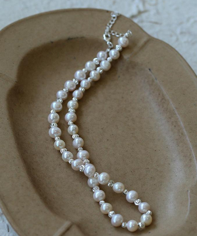 White Grey Freshwater Pearl Silver Bean Necklace gembea jewelry