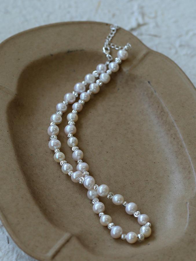 White Grey Freshwater Pearl Silver Bean Necklace gembea jewelry