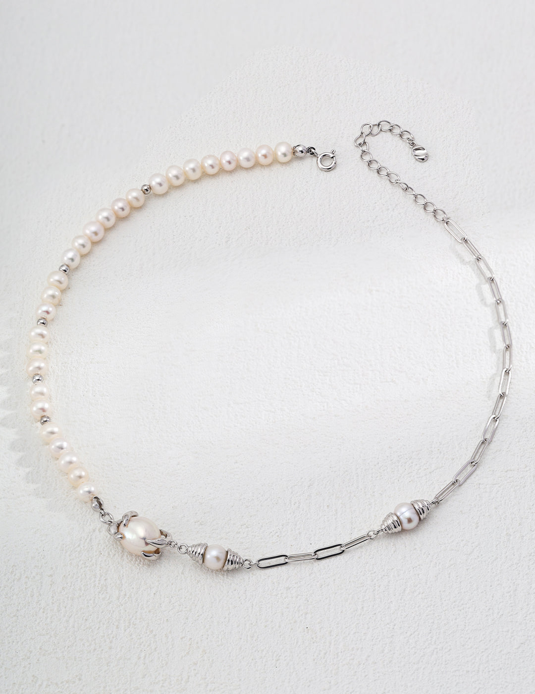 Half Circle 925 Sterling Silver Chain and Pearl Necklace