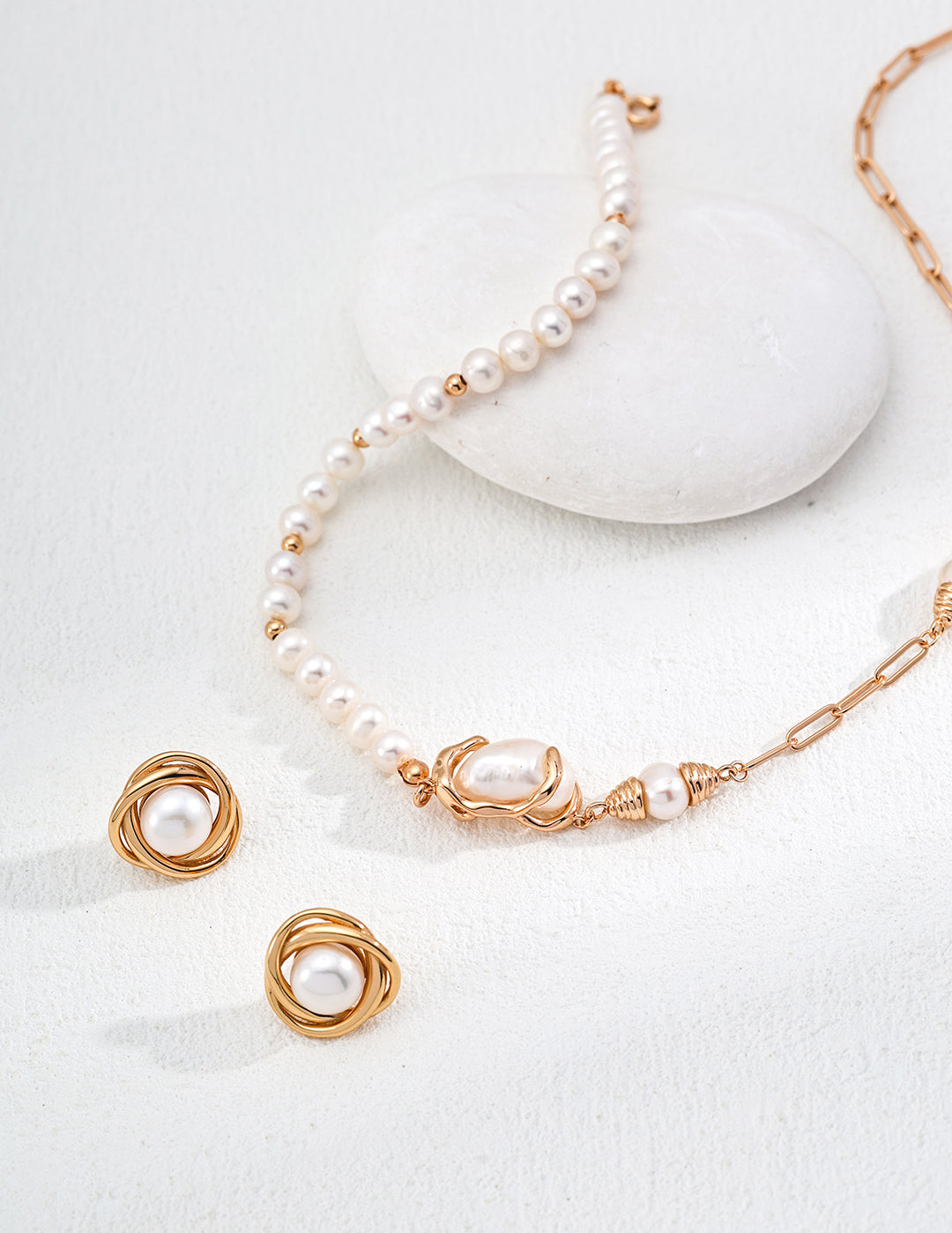 Half Circle 18K Gold Chain and Pearl Necklace and Earrings gembea