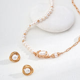 Half Circle 18K Gold Chain and Pearl Necklace and Earrings gembea