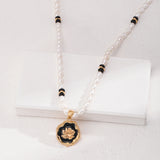 Rose Flower Pendant Black Agate Pearl Necklace