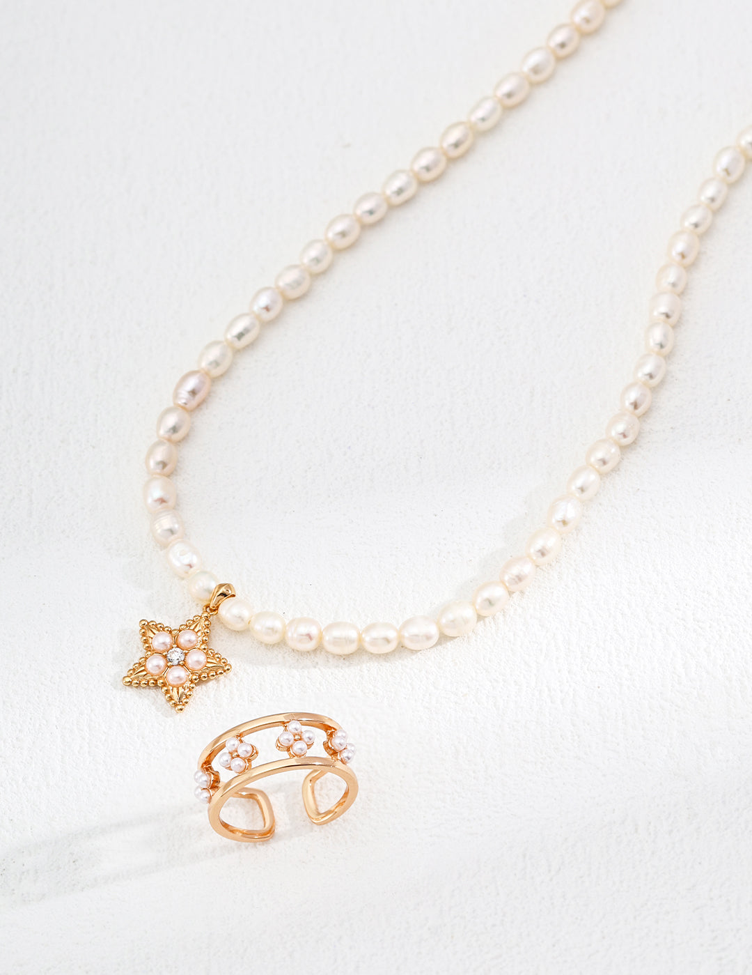 Zircon Star Pendant Pearl Necklace and ring