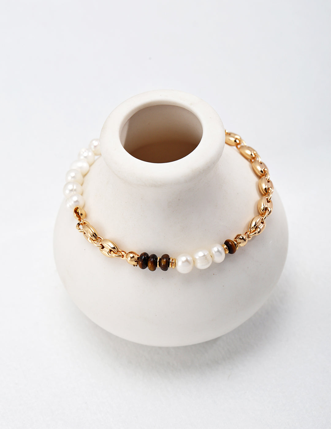 Tiger's Eye Gold Chain Mother of Pearl Bracelet