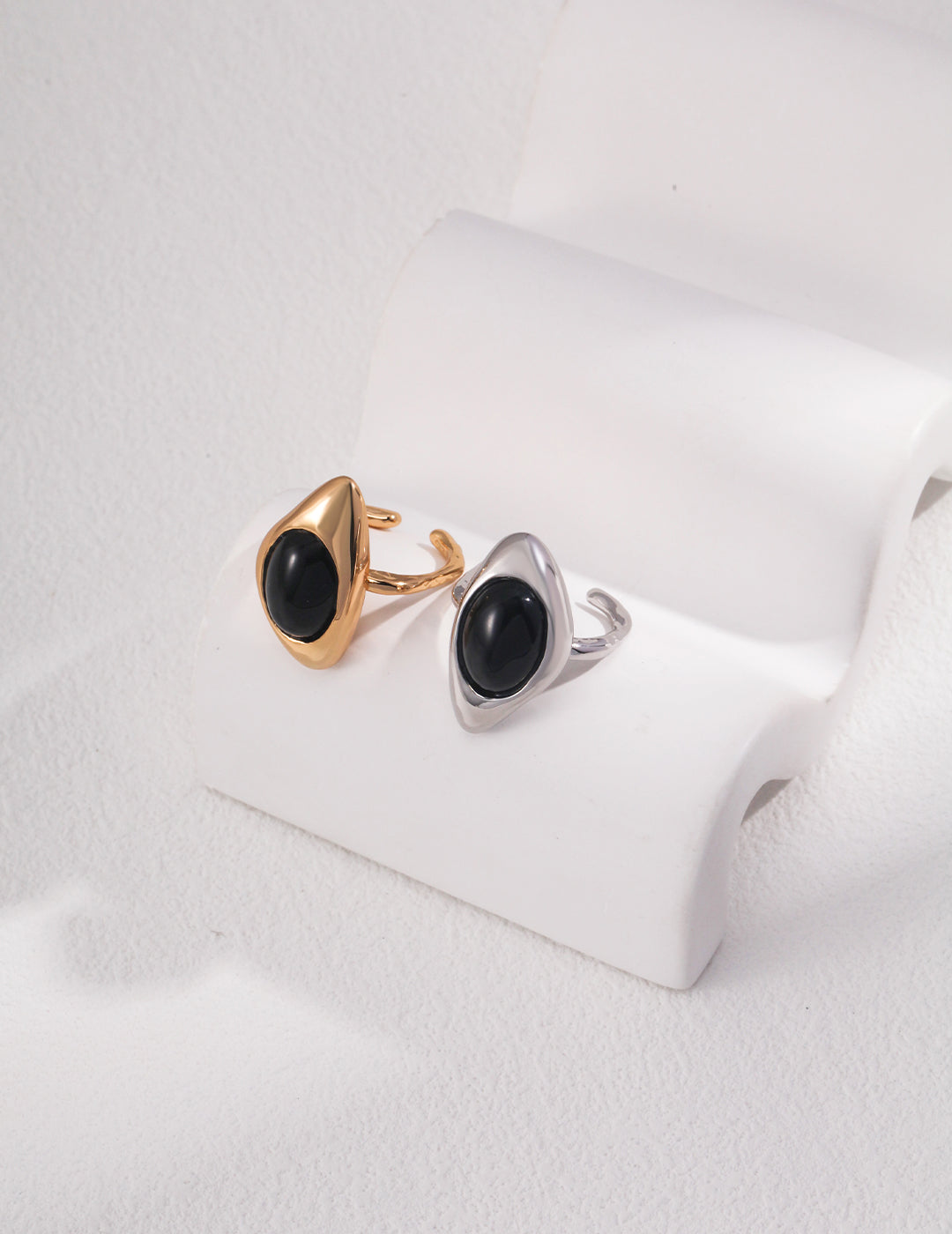 Hand-carved Sterling Silver Black Agate Open Rings