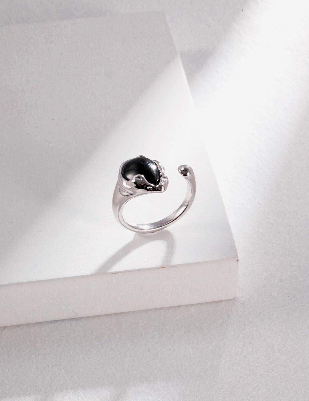 Water Drop Black Agate Gemstone Open Rings - Gembea Jewelry