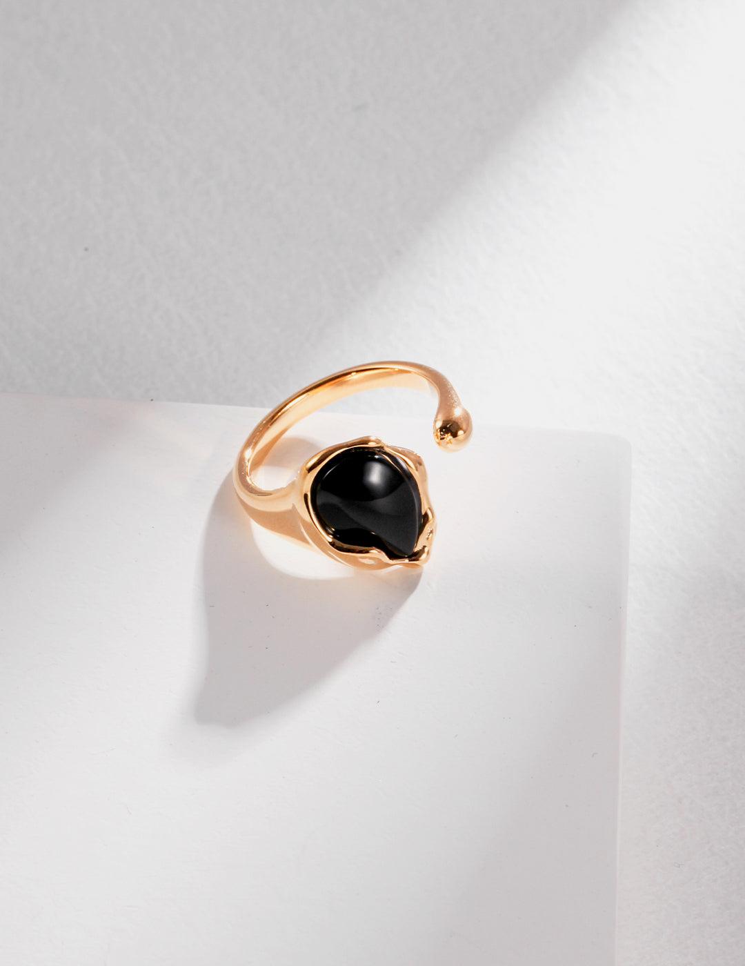 Water Drop Black Agate Gemstone Open Rings - Gembea Jewelry