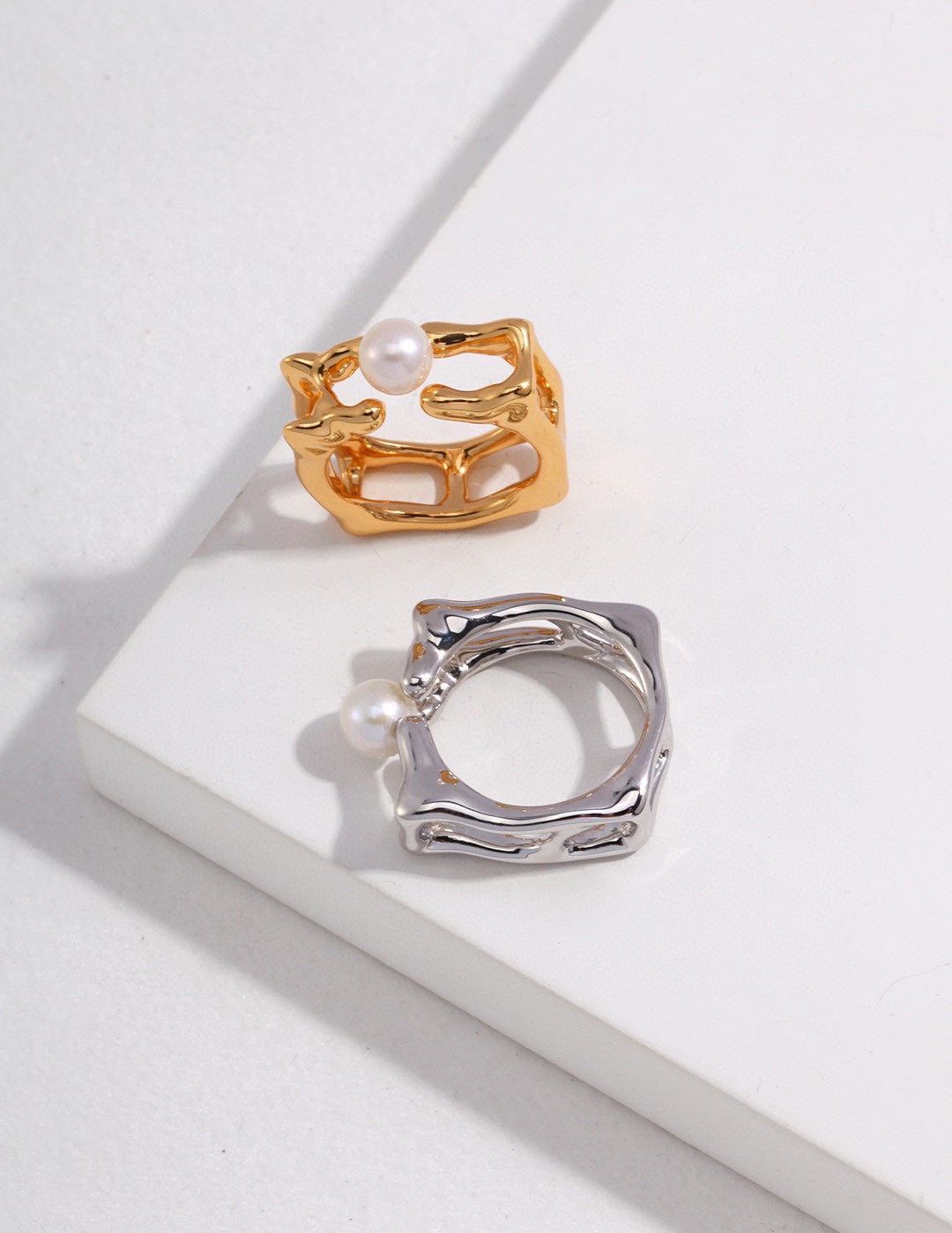 Geometric Square Sterling Silver Pearl Rings