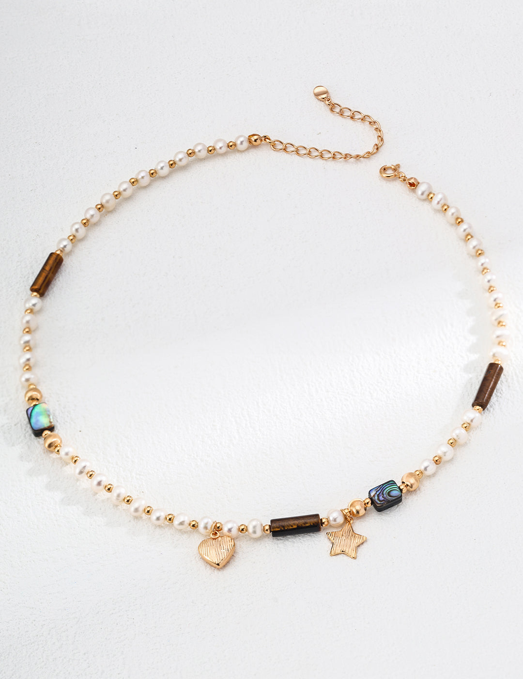 Tiger Eye Stone Abalone Shell Heart Star Pearl Necklace