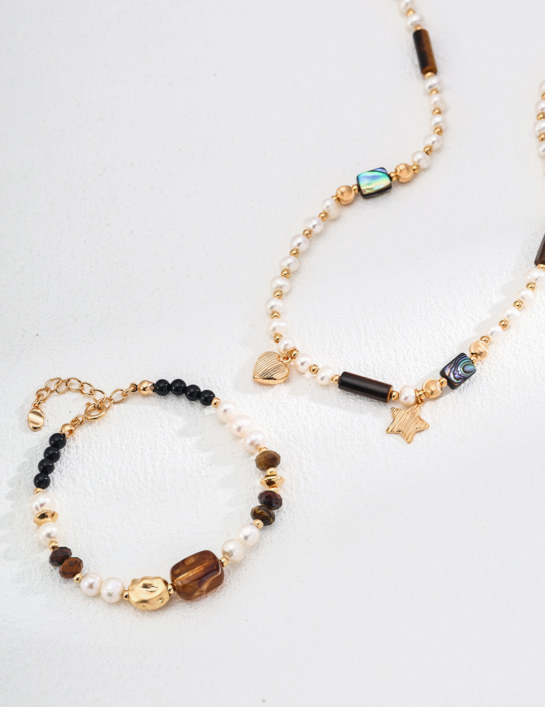 Tiger Eye Stone Abalone Shell Heart Star Pearl Necklace