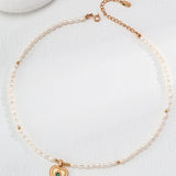 Zircon Heart Pendant Pearl Beaded Necklace