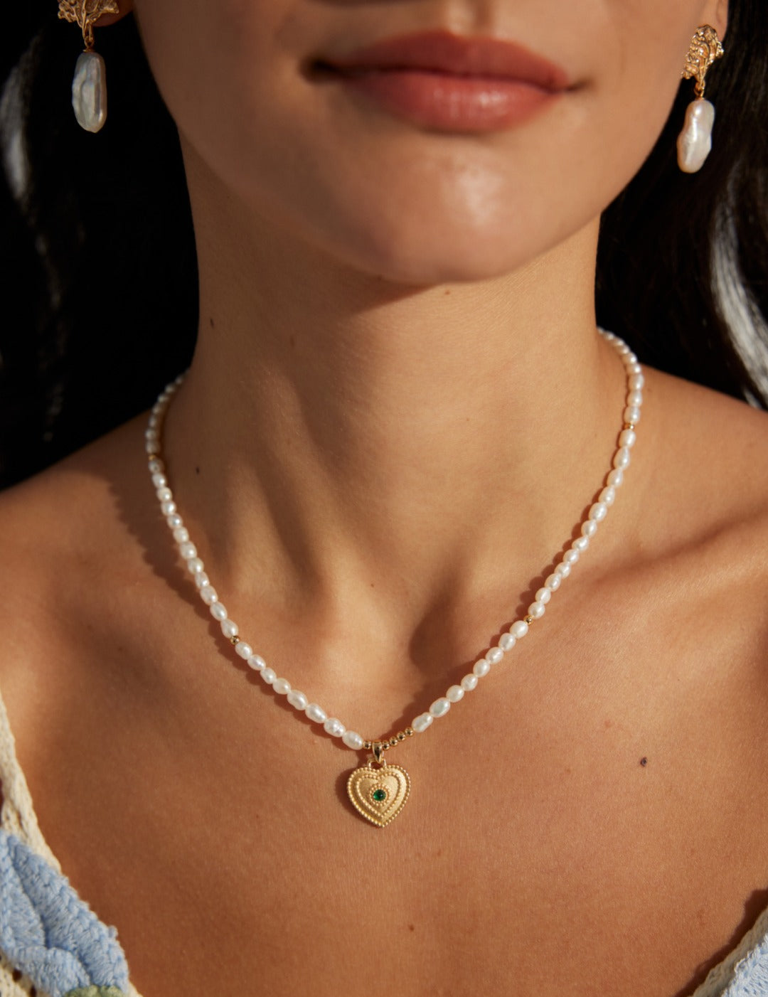 Zircon Heart Pendant Pearl Beaded Necklace