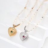 Zircon Heart Pendant Pearl Beaded Necklace