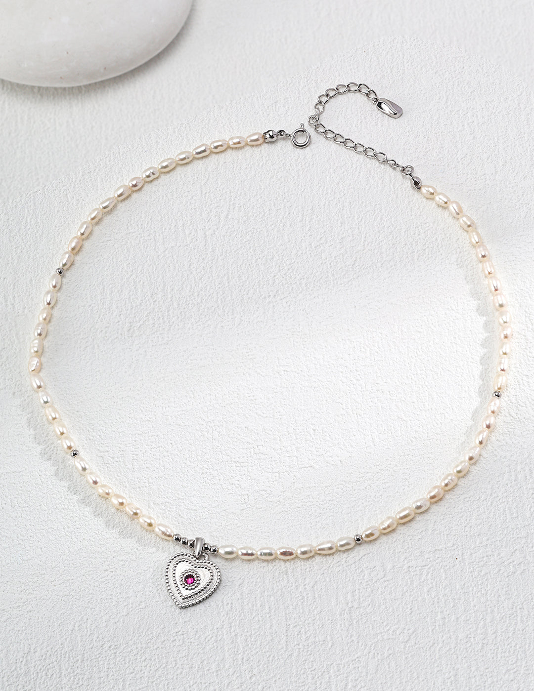 Zircon Heart Pendant Pearl Beaded Necklace