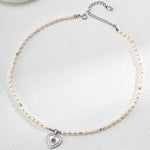 Zircon Heart Pendant Pearl Beaded Necklace