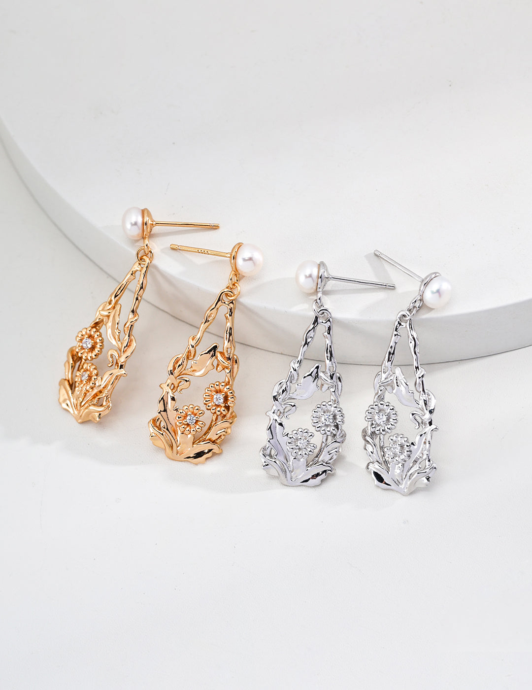 Sunflower Eye Zircon Drop Pearl Earrings