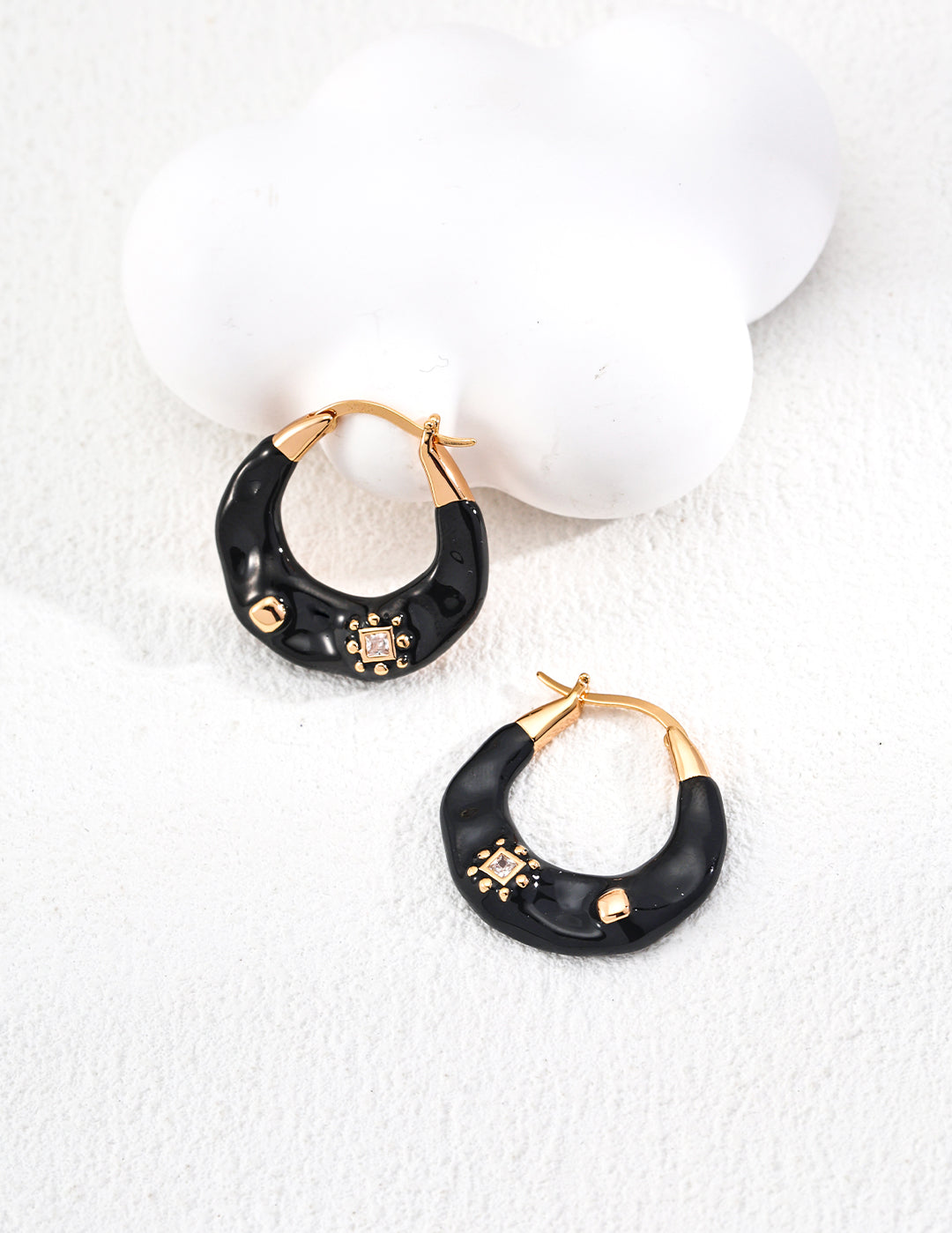 Black Drop Glazed Enamel Zircon Hoops Earrings