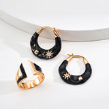 Black Drop Glazed Enamel Zircon Hoops Earrings