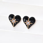 Black Heart Drop Glaze Enamel Zircon Stud Earrings