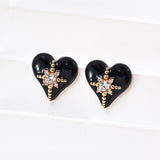 Black Heart Drop Glaze Enamel Zircon Stud Earrings