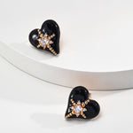 Black Heart Drop Glaze Enamel Zircon Stud Earrings