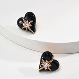 Black Heart Drop Glaze Enamel Zircon Stud Earrings