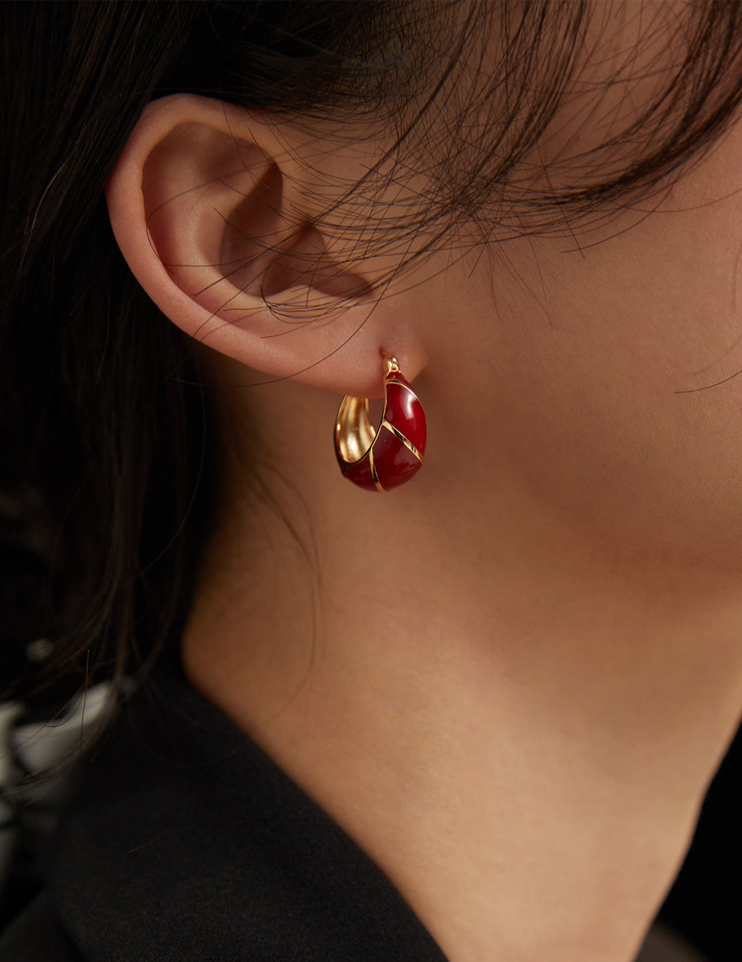 Chinese Red Drop Glaze Enamel Hoops Earrings