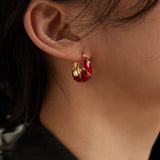 Chinese Red Drop Glaze Enamel Hoops Earrings