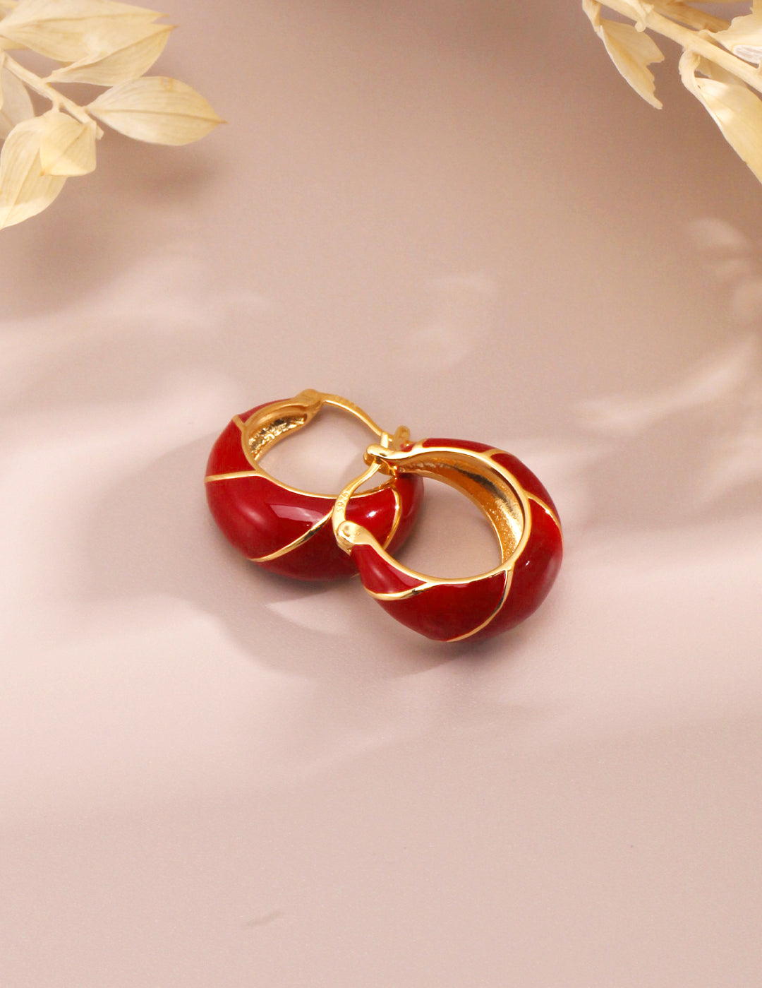 Chinese Red Drop Glaze Enamel Hoops Earrings