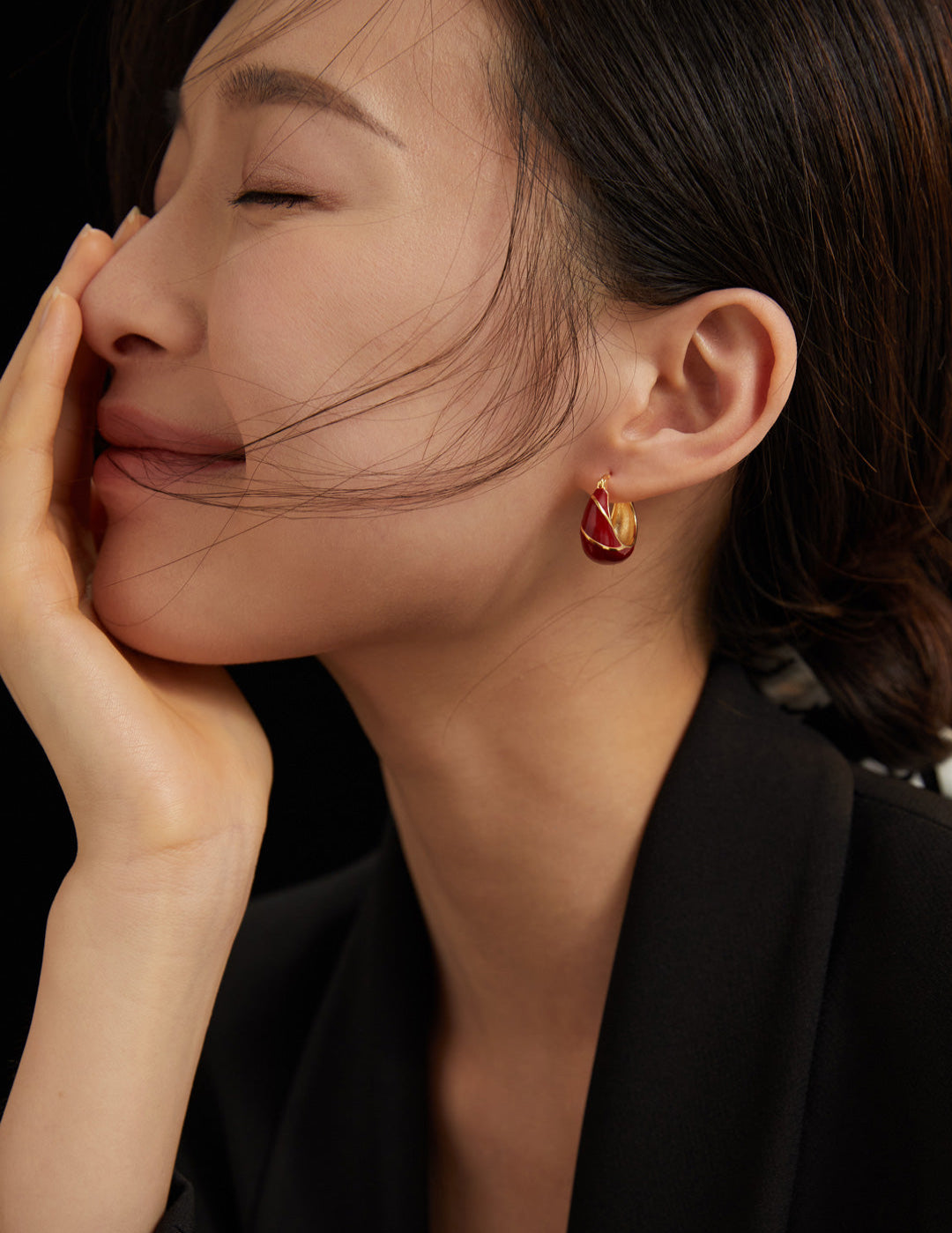 Chinese Red Drop Glaze Enamel Hoops Earrings