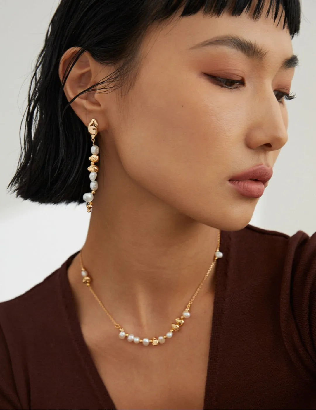 Gold Bean Pearl Long Earrings