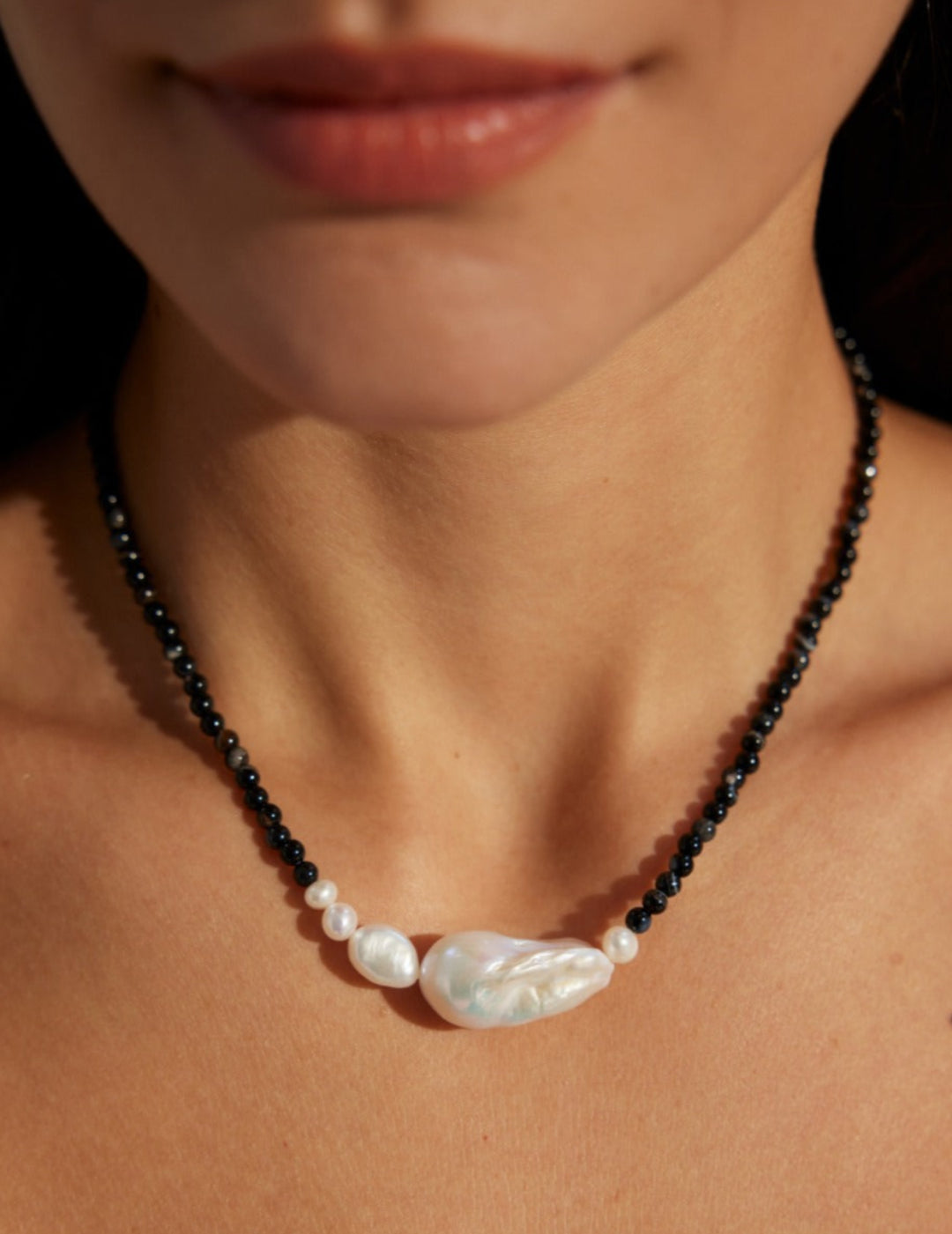 Gembea Jewelry Black Agate Beaded Baroque Pearl Necklace