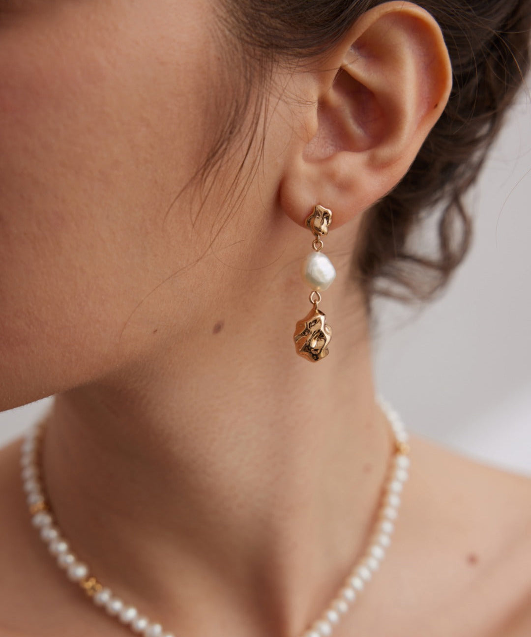 Gembea Jewelry Irregular Metal Balls and Baroque Pearl Drop Earrings