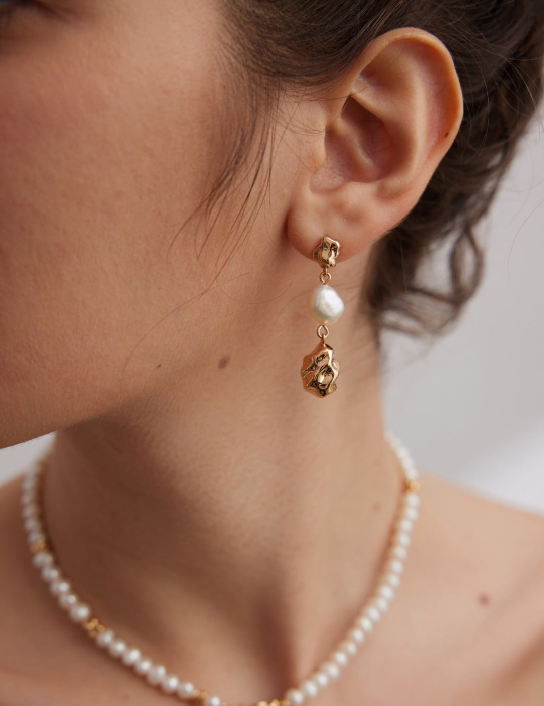 Gembea Jewelry Irregular Metal Balls and Baroque Pearl Drop Earrings