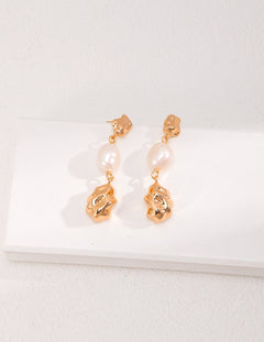 Gembea Jewelry Irregular Metal Balls and Baroque Pearl Drop Earrings