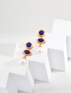 Vintage Lapis Lazuli Pearl Drop Earrings-Gembea Jewelry