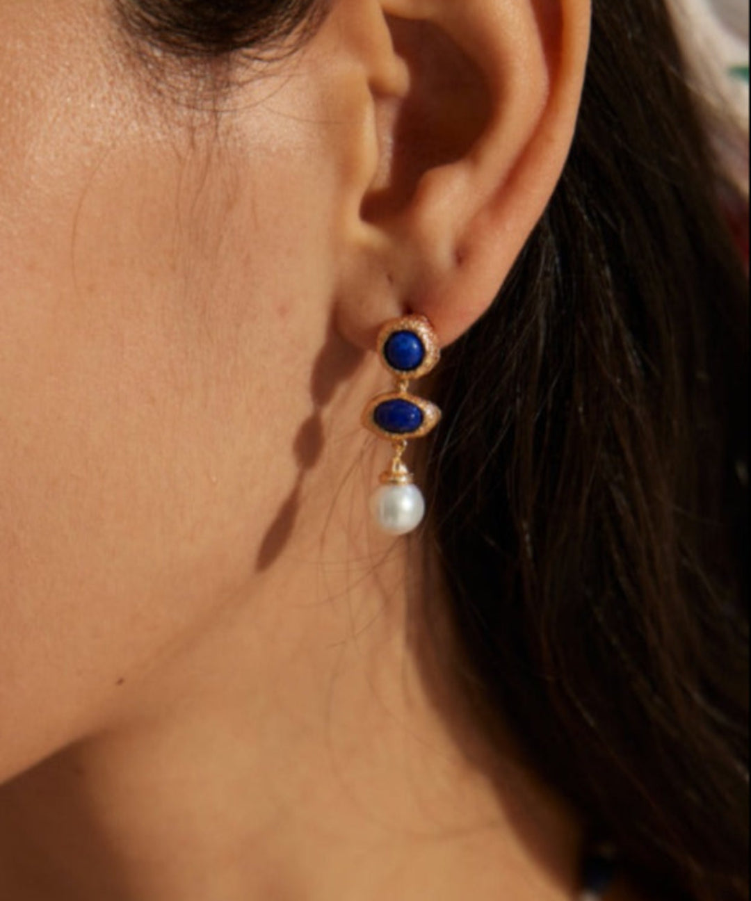 Vintage Lapis Lazuli Pearl Drop Earrings-Gembea Jewelry