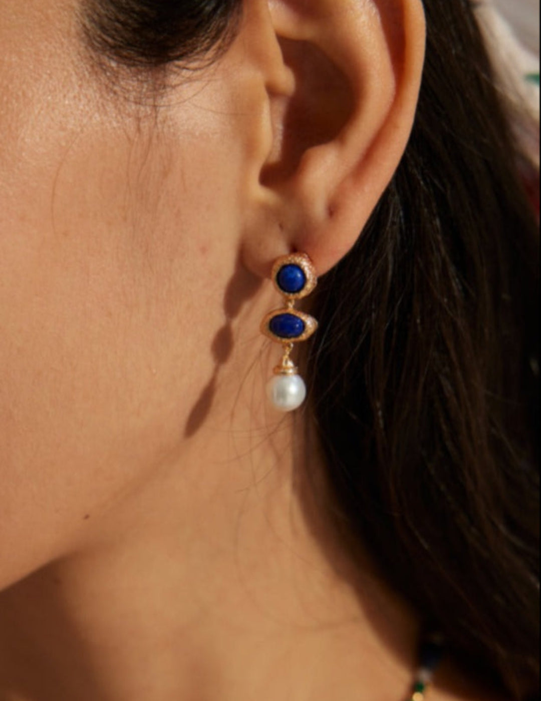 Vintage Lapis Lazuli Pearl Drop Earrings-Gembea Jewelry