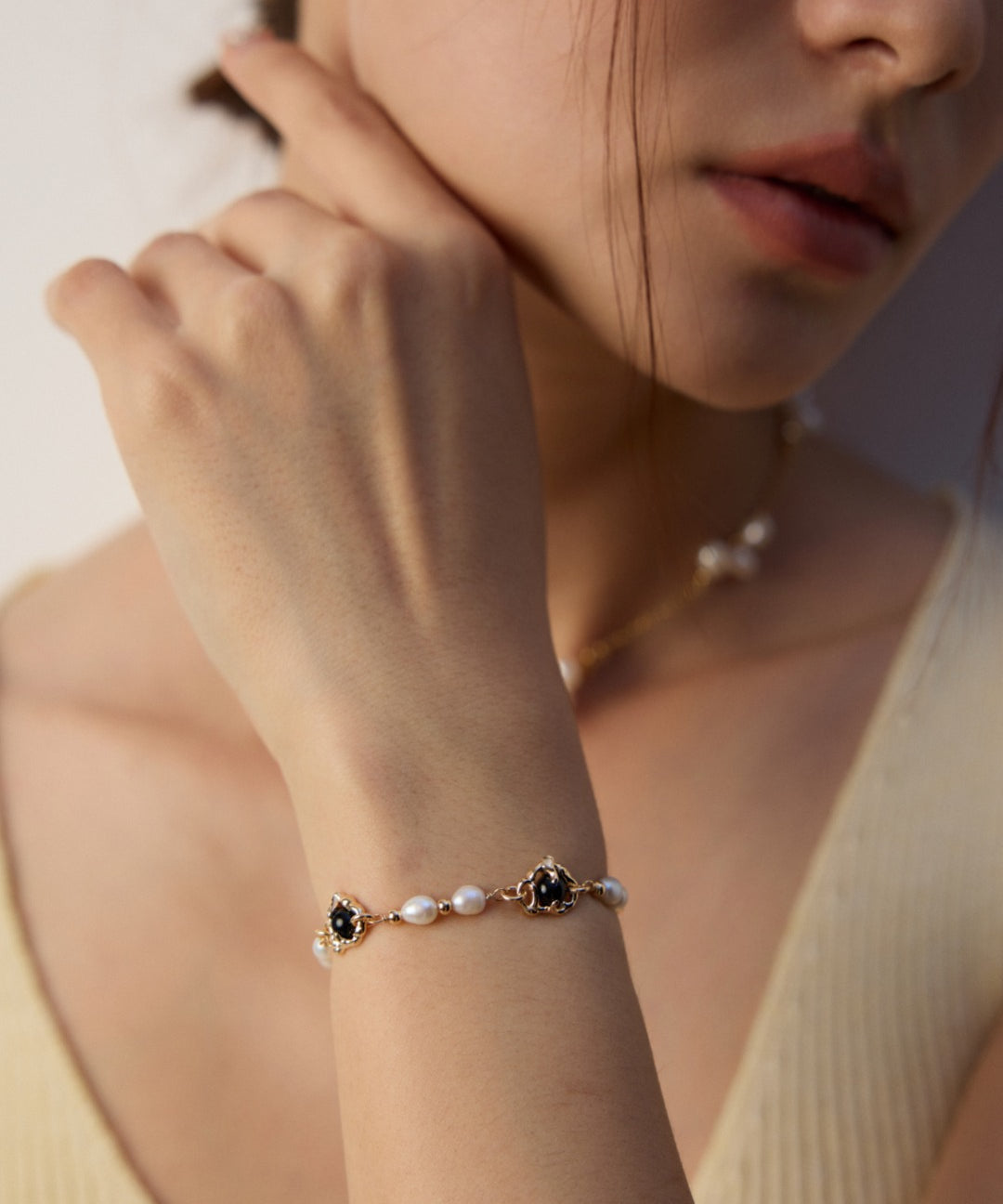 Black Agate Pearl Chain Bracelet-Gembea Jewelry