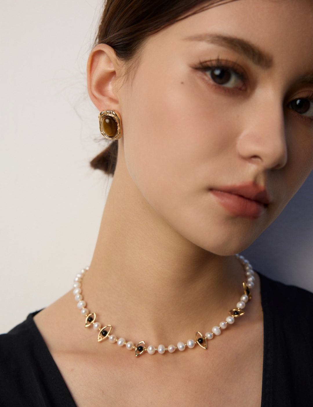 Eyes Shaped Black Agate Pearl Necklace Gembea Jewelry