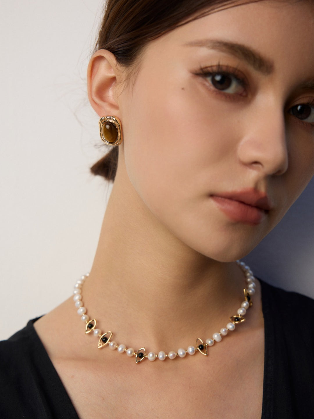 Eyes Shaped Black Agate Pearl Necklace Gembea Jewelry