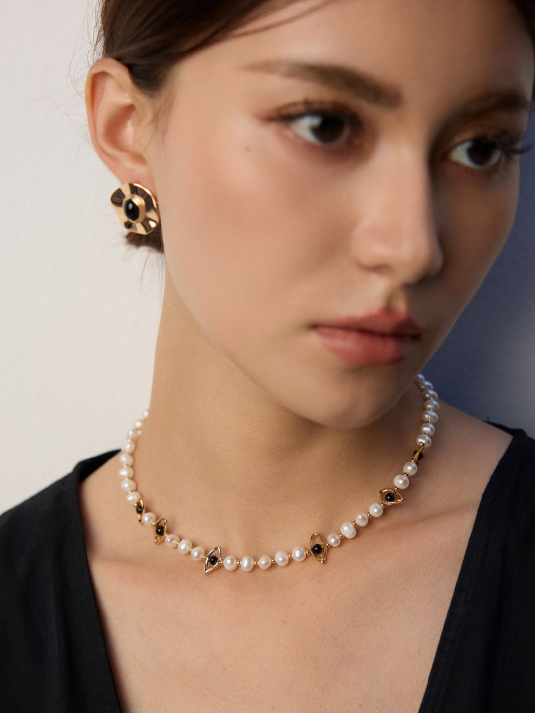 Eyes Shaped Black Agate Pearl Necklace Gembea Jewelry