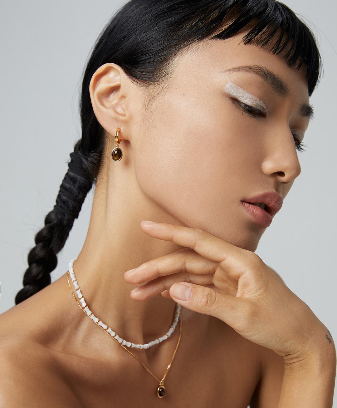 Tiger's Eye Stone Hoop Drop Earrings-Gembea Jewelry