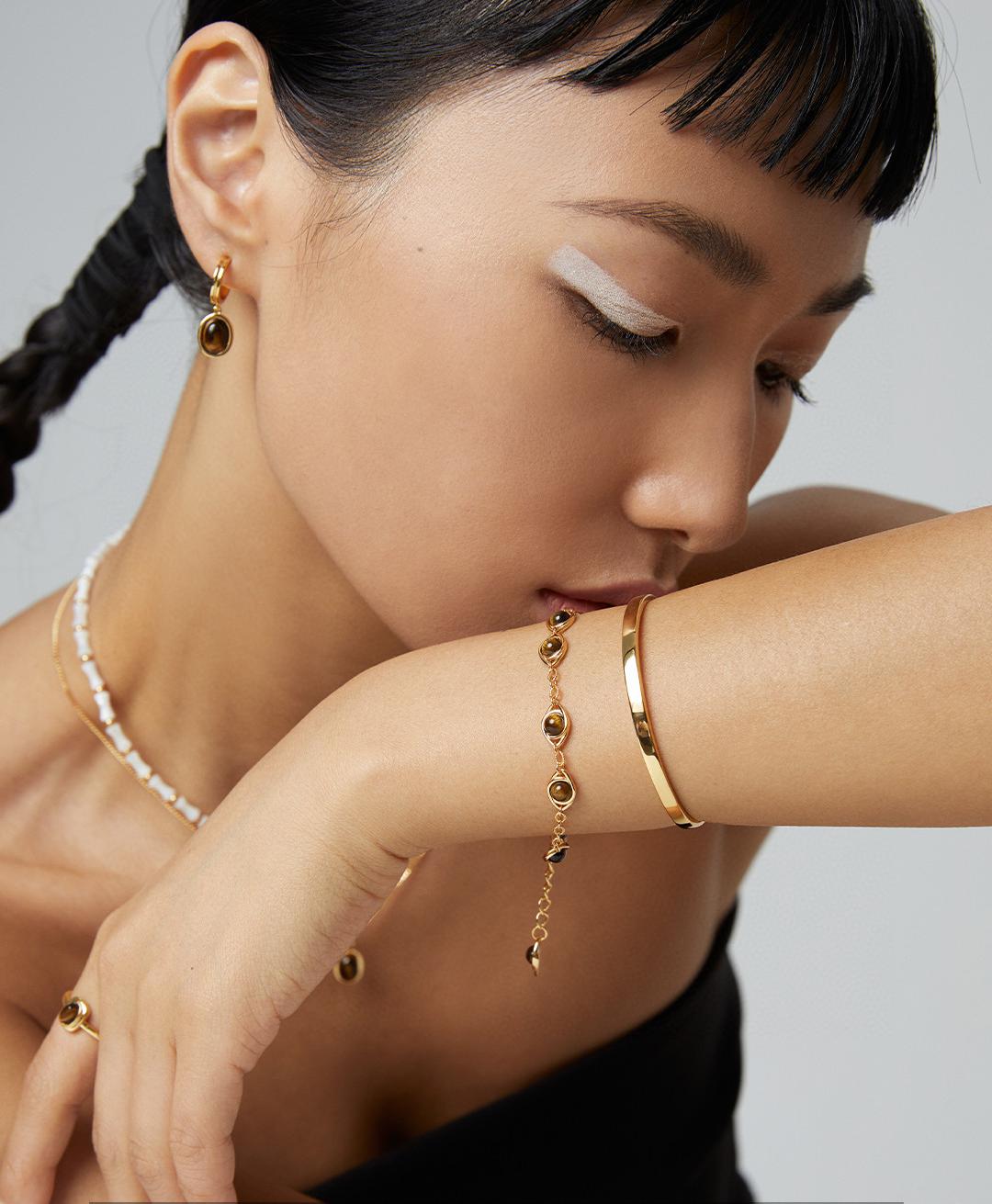 Tiger's Eye Stone Hoop Drop Earrings-Gembea Jewelry