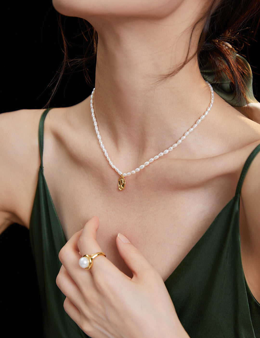 Queen Gold Pendant Rice Pearl Necklace-Gembea Jewelry