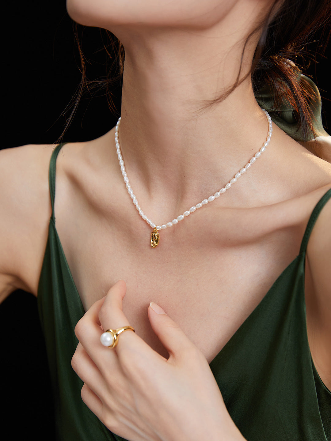 Queen Gold Pendant Rice Pearl Necklace-Gembea Jewelry